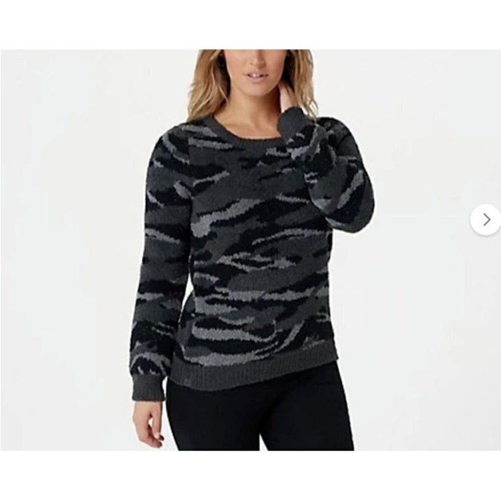 Barefoot Dreams CozyChic Seaside Camo Crewneck Sweater Grey Black Camouflage‎